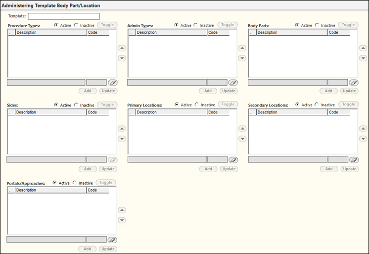 Administering Template Body Part/Location panel
