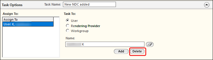Task Options panel to remove a recipient