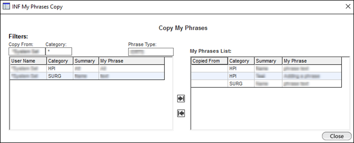 INF My Phrases Copy window