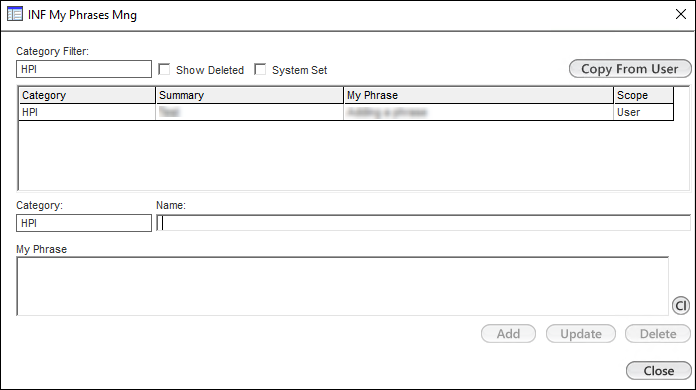 INF My Phrases Management template