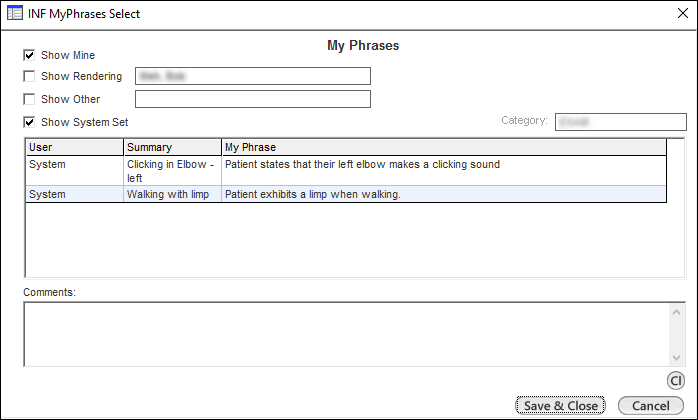 INF My Phrases Select template