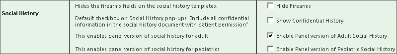 Social History section configurations on Practice Configuration