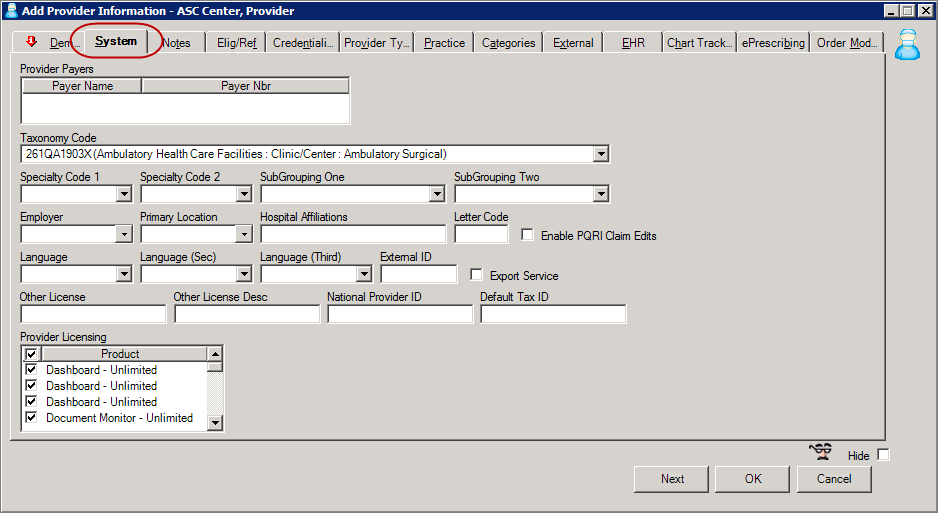 system tab