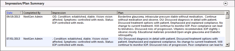 impression/plan summary grid