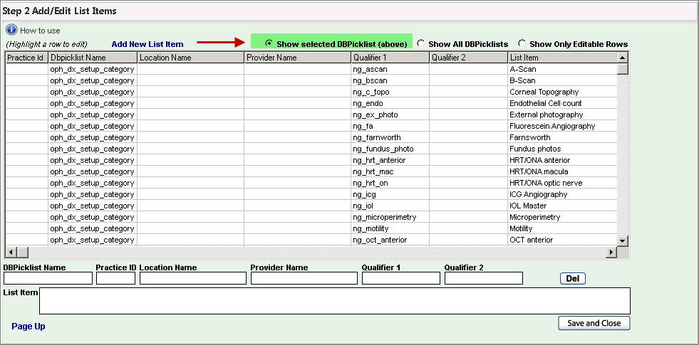add/edit list items section