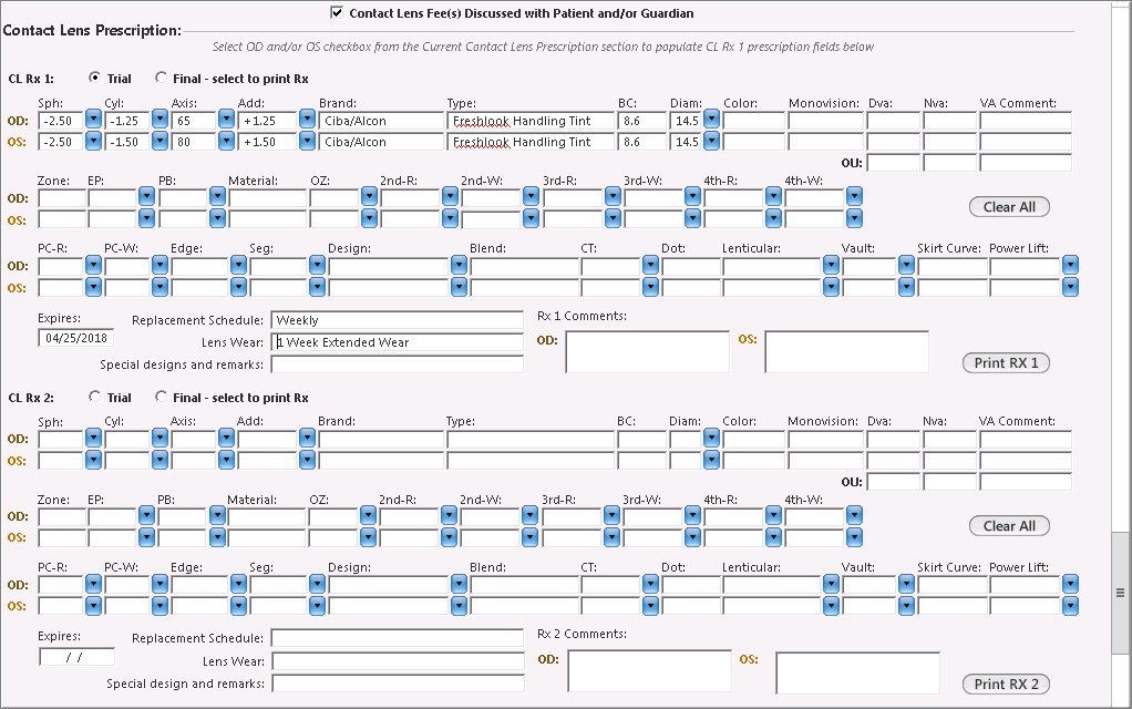 printing prescription in contact lens prescription section