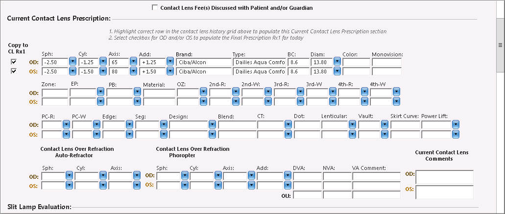 contact lens prescription section