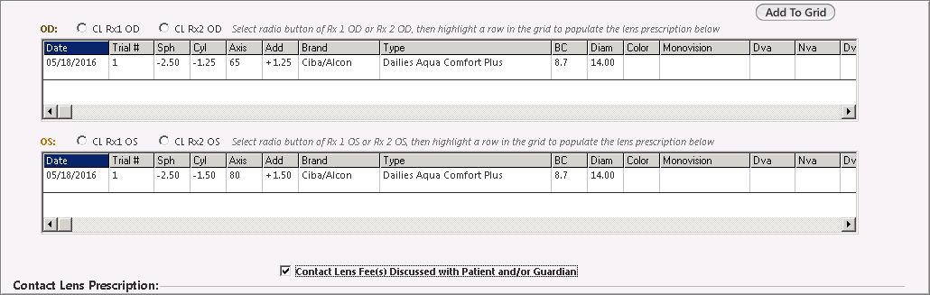 contact lens prescription section