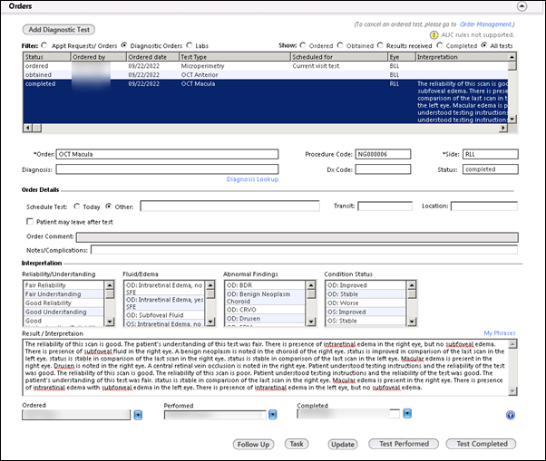 oph diagnostic order editing