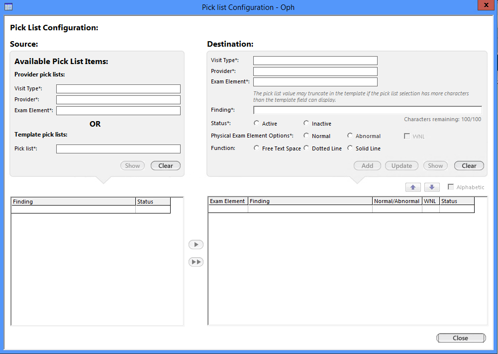 pick list configuration - oph template