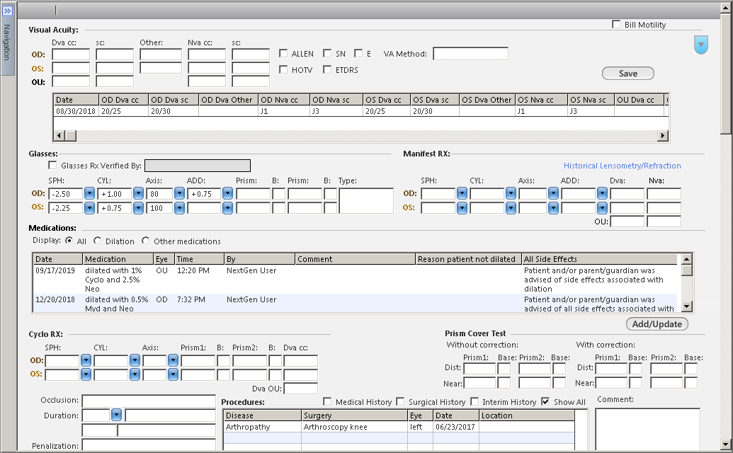 The Eye Motility Detail template for pediatric patients.