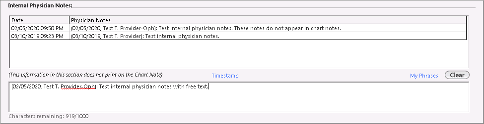internal phsician notes section
