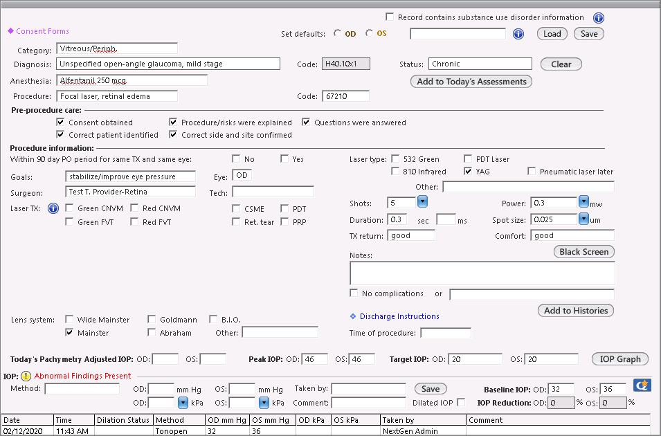 The top of the Retina Office Procedures - Lasers - OPH template.