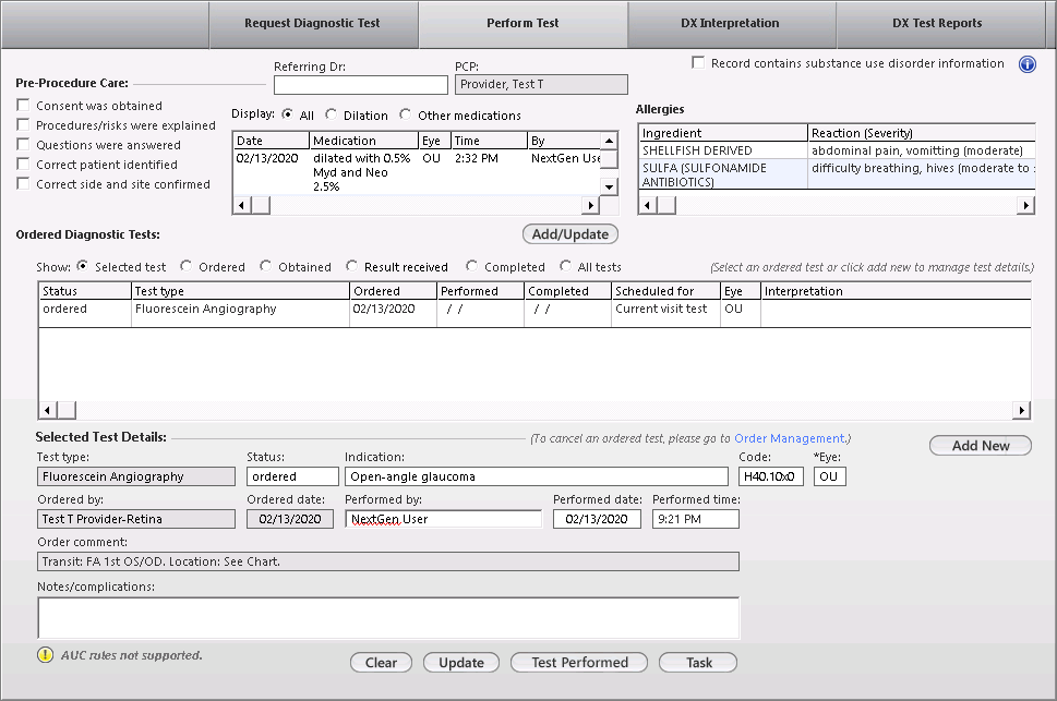 The Perform Testtab of the Retina Diagnostics tabbed template set.