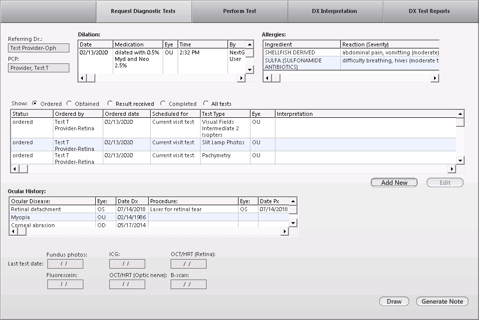 request diagnostic tests tab