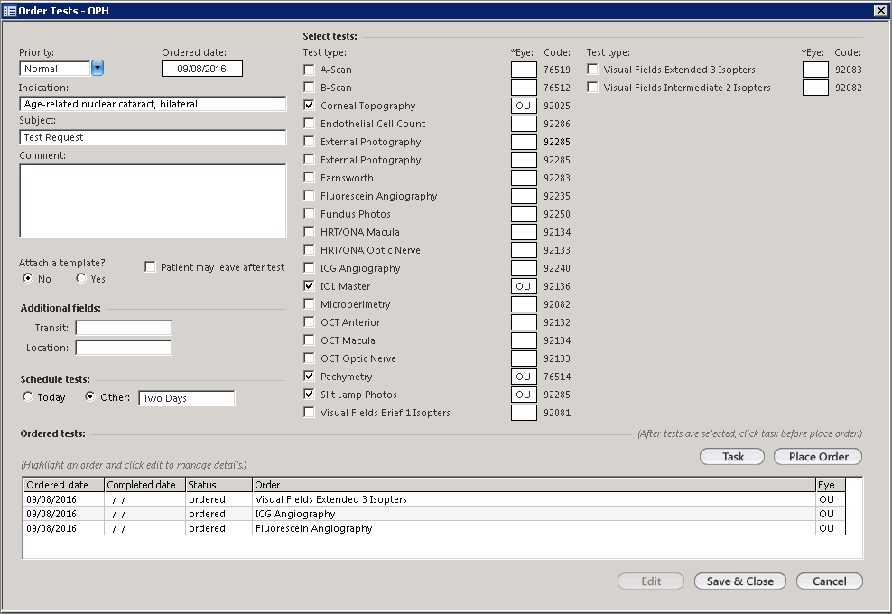oph suite testing order tests