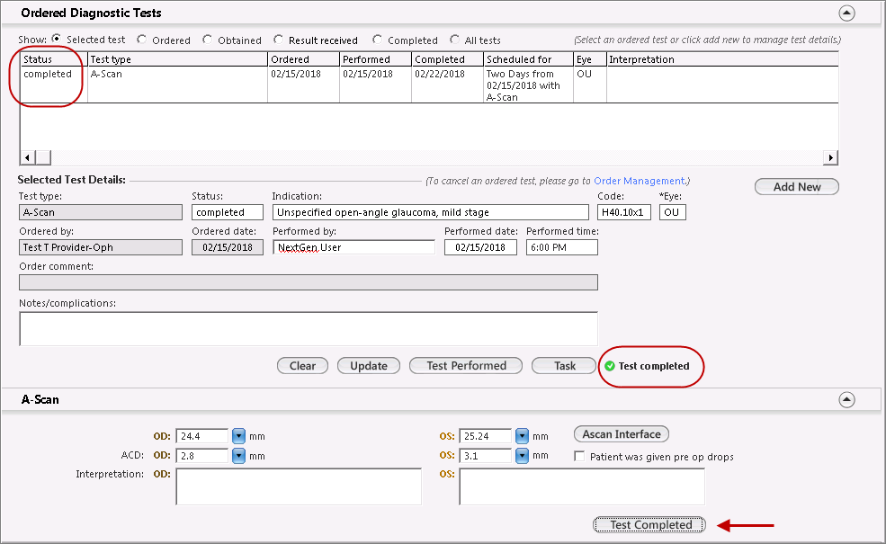 Ordered Diagnostic Tests panel with Test Completed indicator.