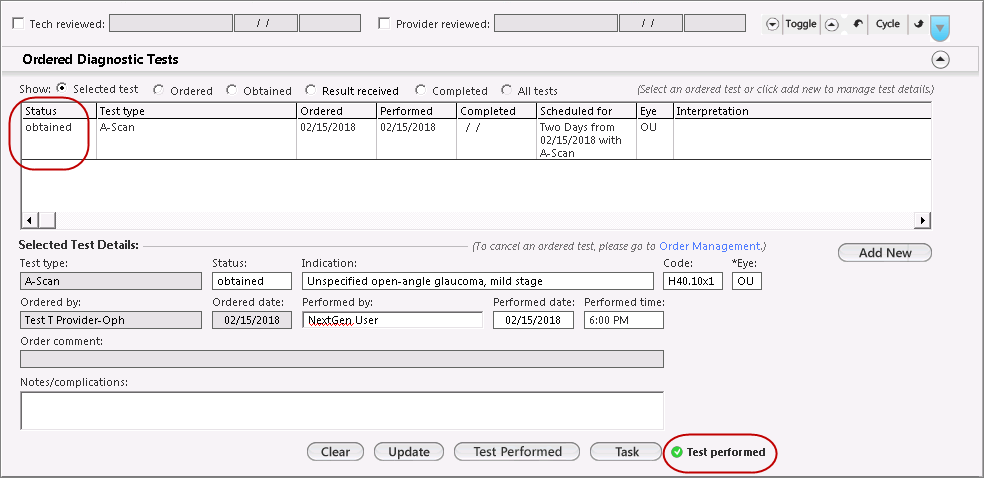 ordered diagnostic tests panel with test performed indicator