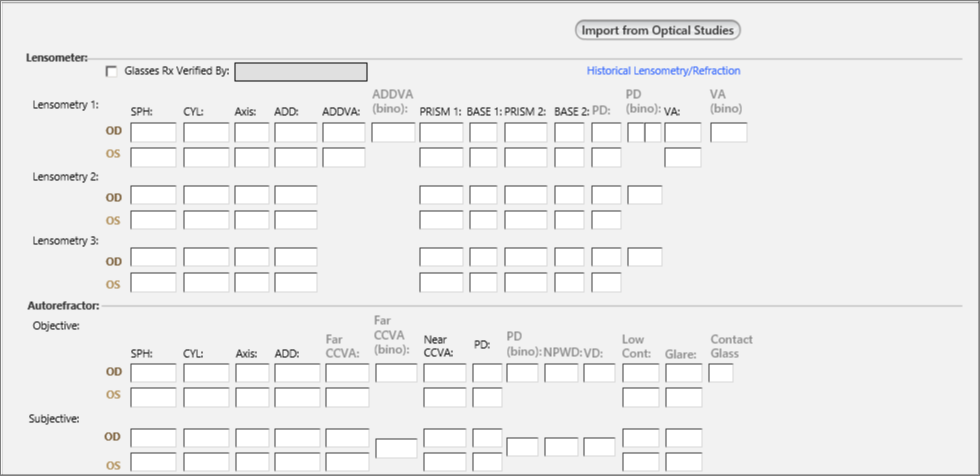 The top of the Pre-screening - OPH template, showing the Import from Optical Studies button that is visible when you have a Marco Connect interfaced device.