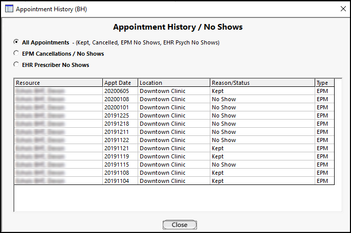 Appointment History window
