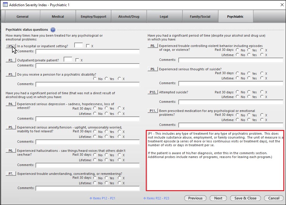 Addiction Severity Index window