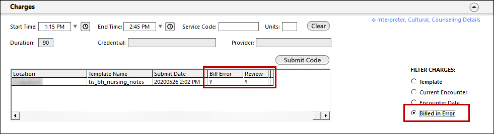 Charges panel - Bill Error Review