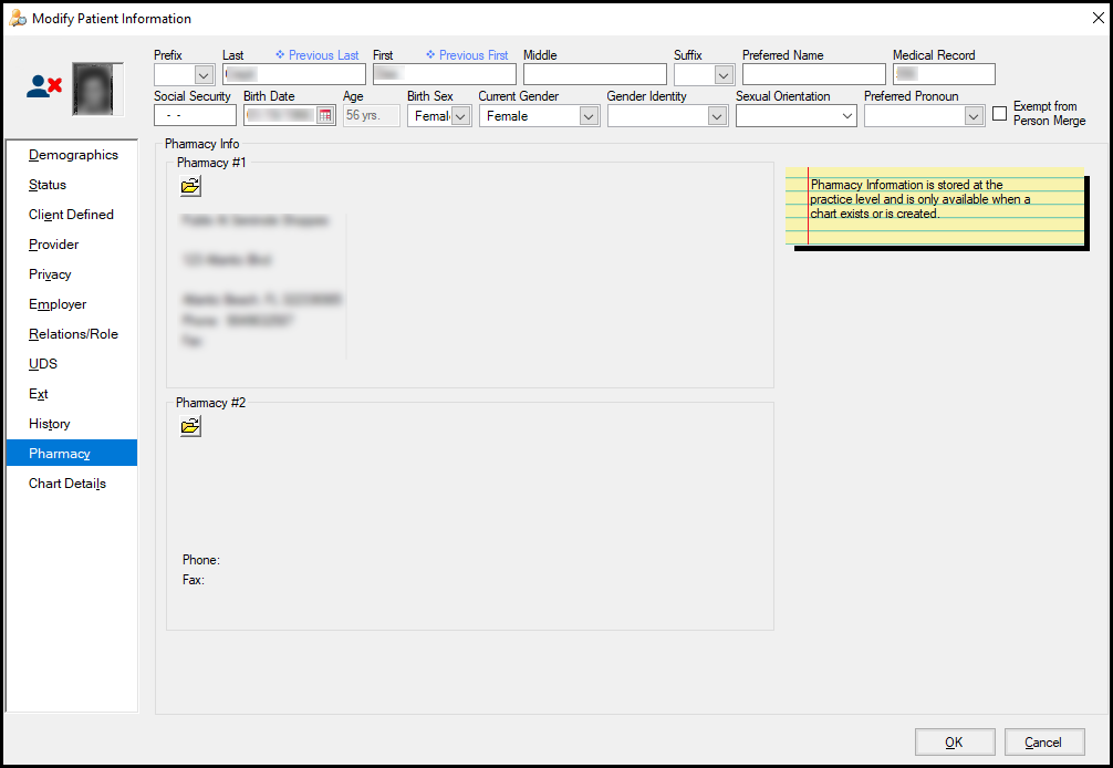 Modify Patient Information Window Panel