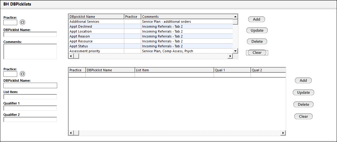 BH DBPicklists panel