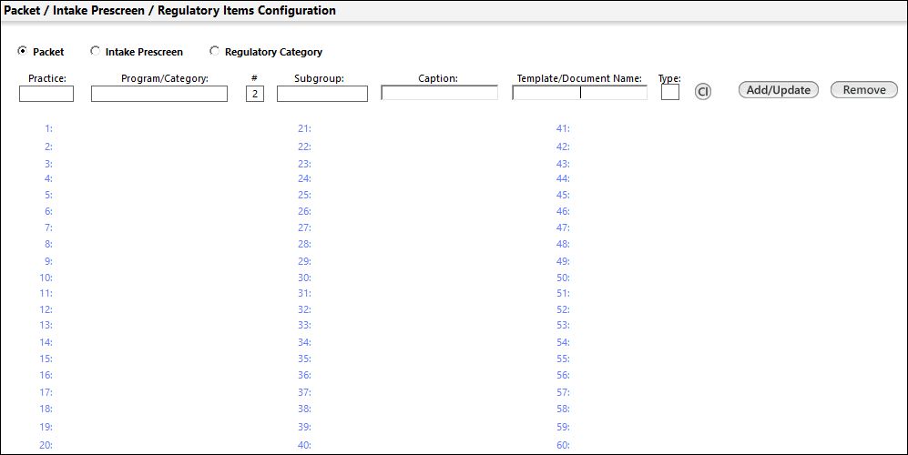 Packet Configuration panel