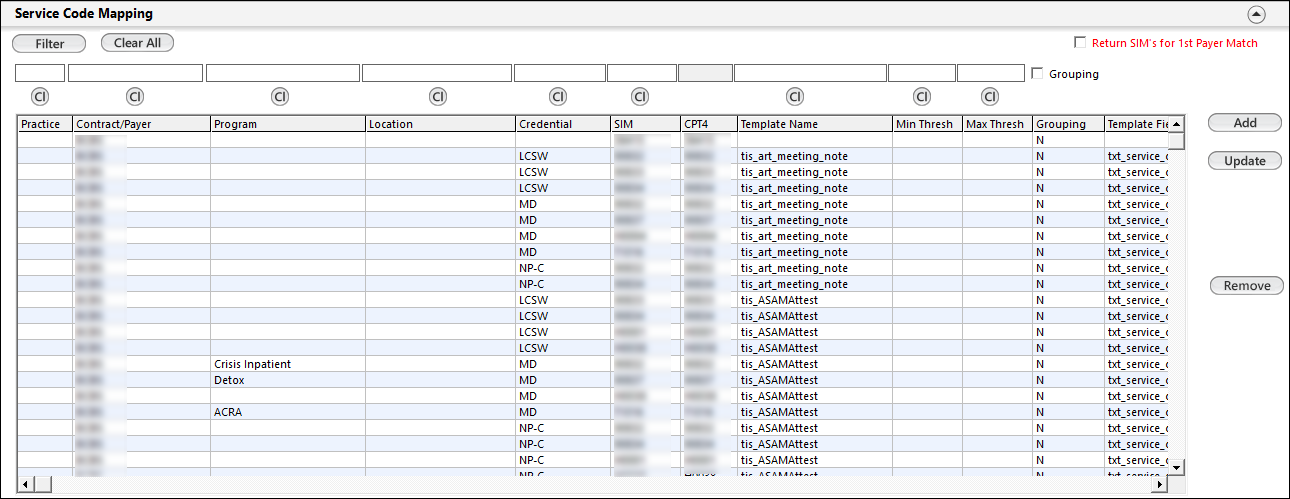 Service Code Mapping panel displaying the list of configured codes