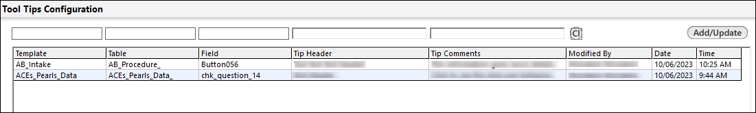 Tool Tip Configuration panel