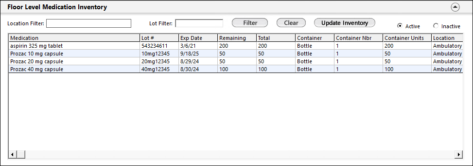 Floor Level Medication Inventory panel