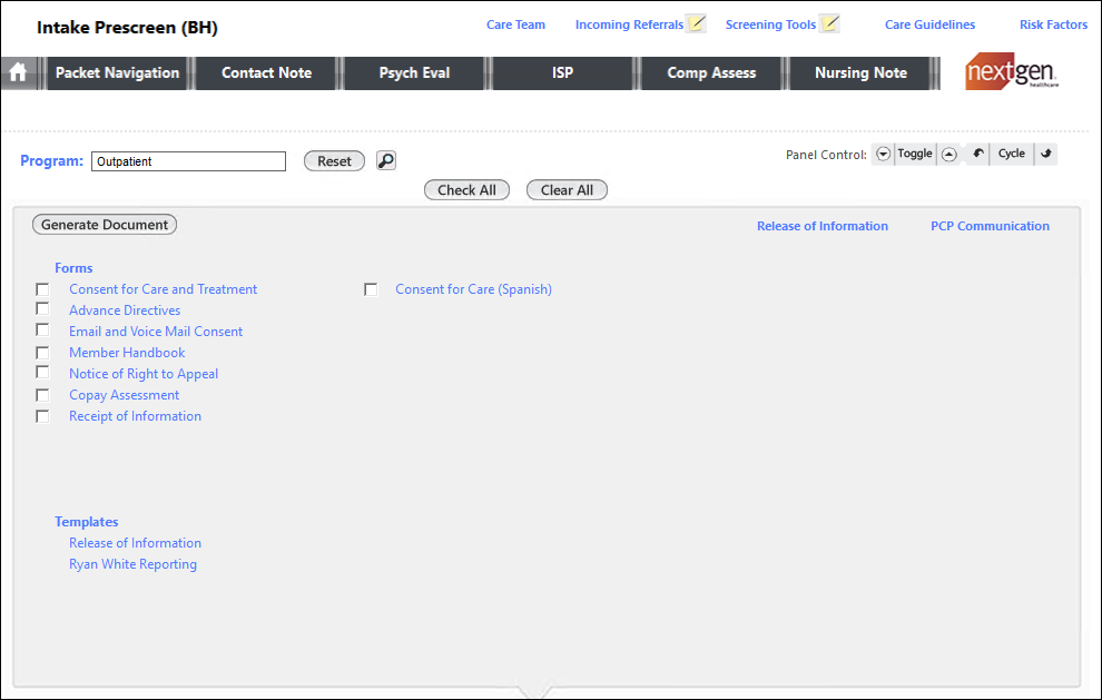 Intake Prescreen template