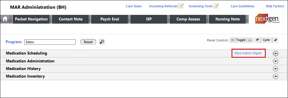 Med Admin Mgmt link on the MAR Administration template