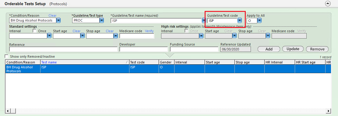 Orderable Test Setup (Protocols) panel