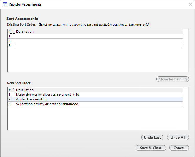 Reorder Assessments window