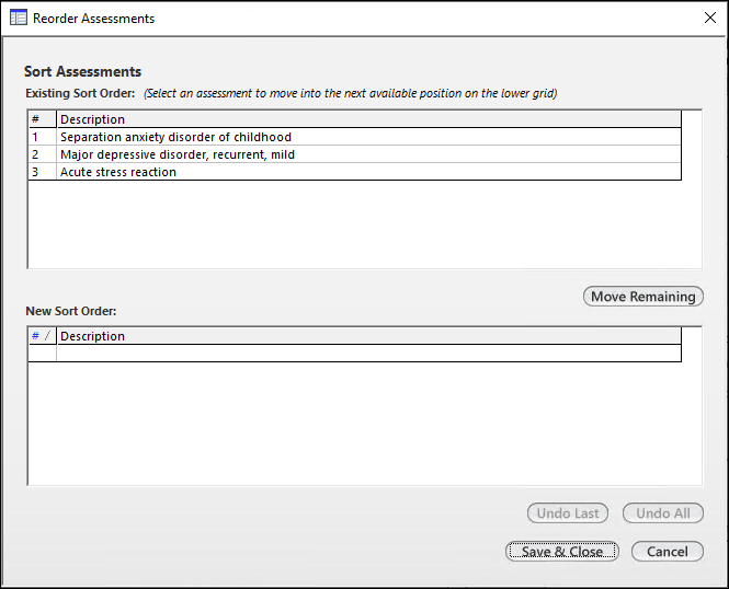 Reorder Assessments window