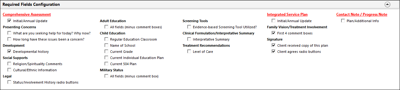 Required Fields Configuration panel
