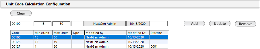 Unit Code Calculation Configuration panel