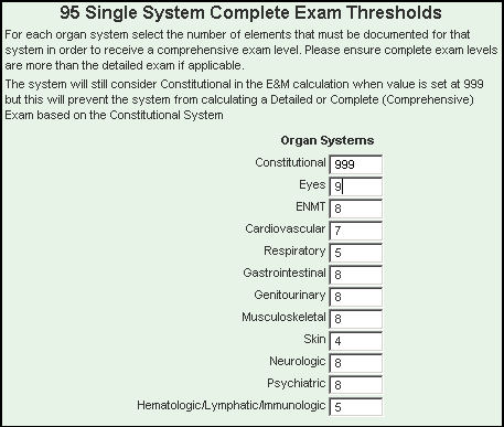 95 Single System Complete Exam Thresholds section