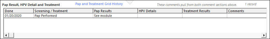 Pap Result, HPV Detail and Treatment grid