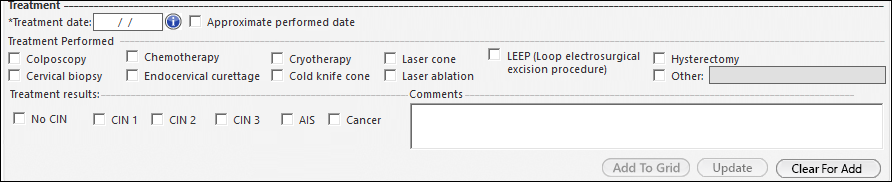 Treatment section in the Pap Screenings panel