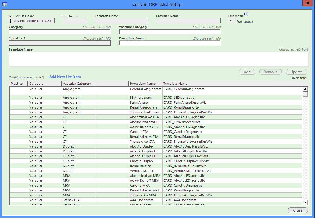 CARD Procedure Link Vasc DBPicklist
