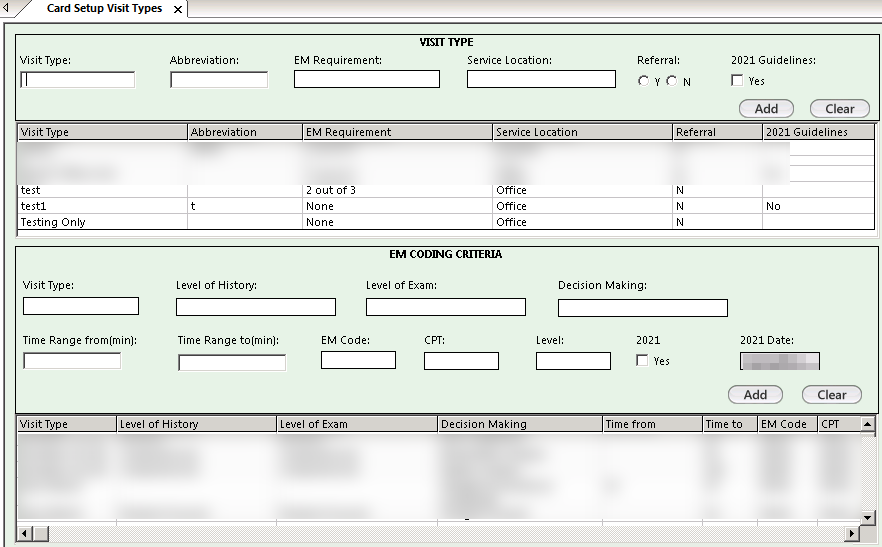 Card Setup Visit Types