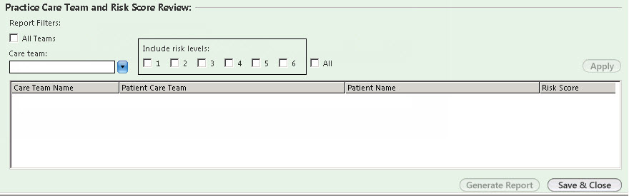 Practice Care Team and Risk Score Review section