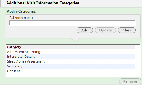 Additional Visit Information Categories panel
