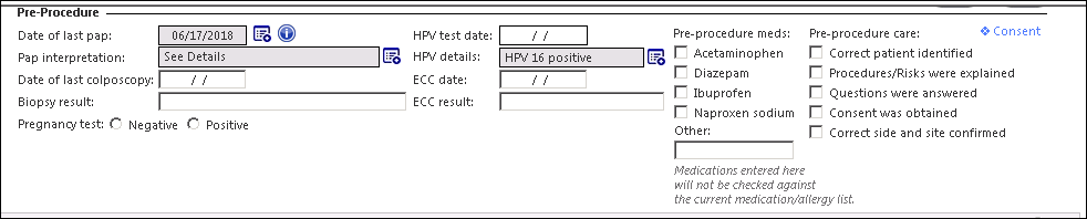 The Pre- Procedure section of the Colposcopy-Procedure template