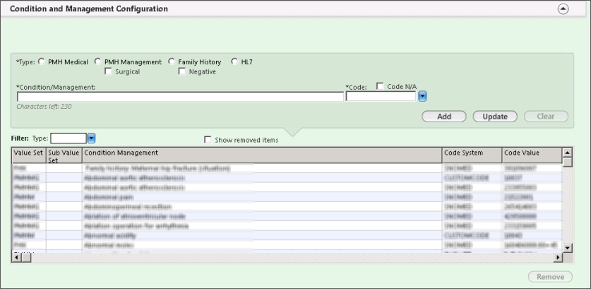 Condition and Management Configuration panel