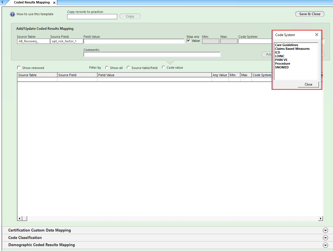 Coded Result Mapping - Code System