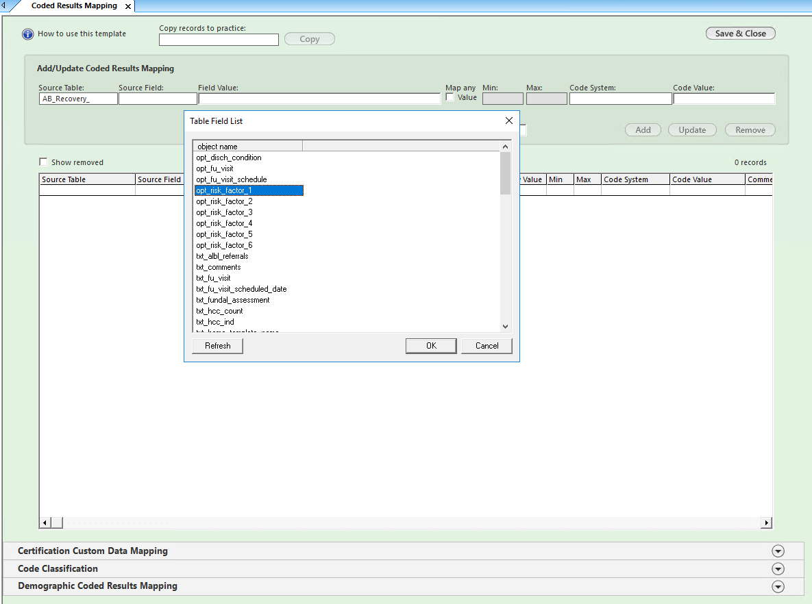 Coded Result Mapping - Source Field pop up